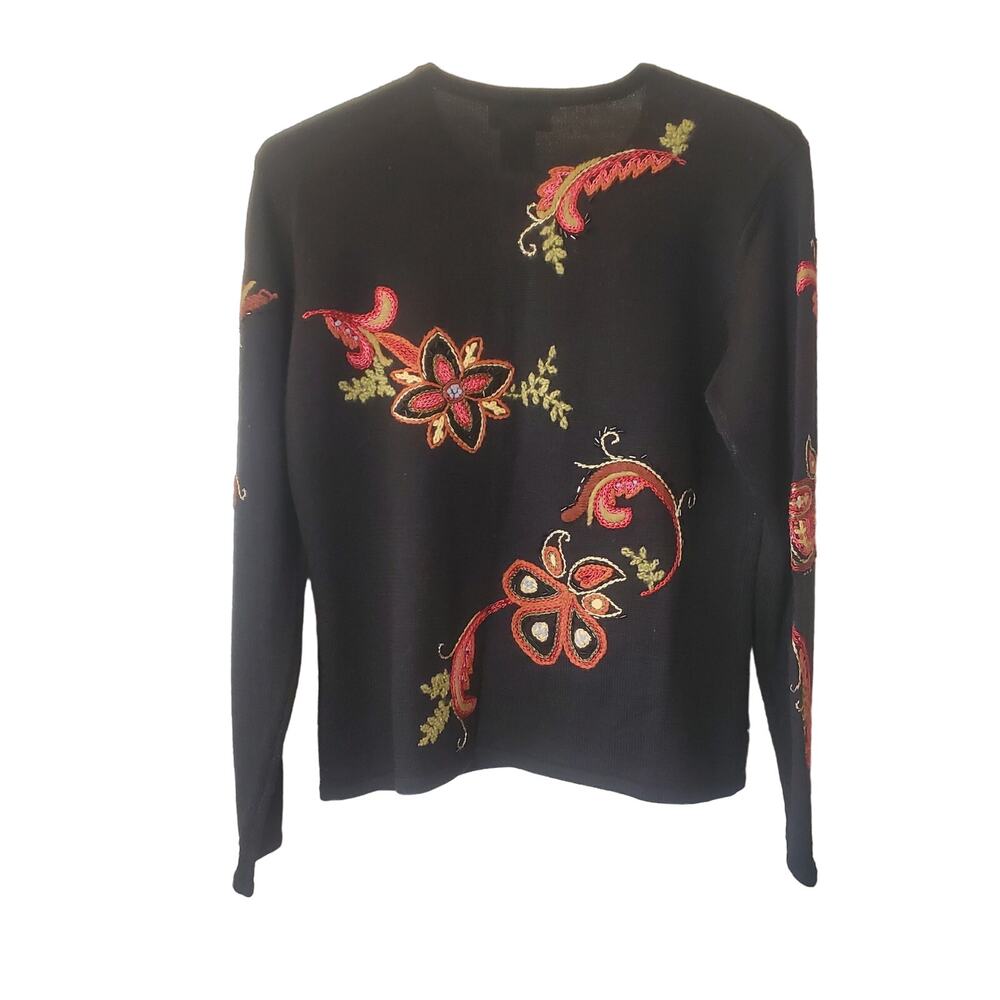 Talbots Black Wool Blend Floral Embroidered Knit Cardigan Sweater Jacket Size M - Picture 2 of 5